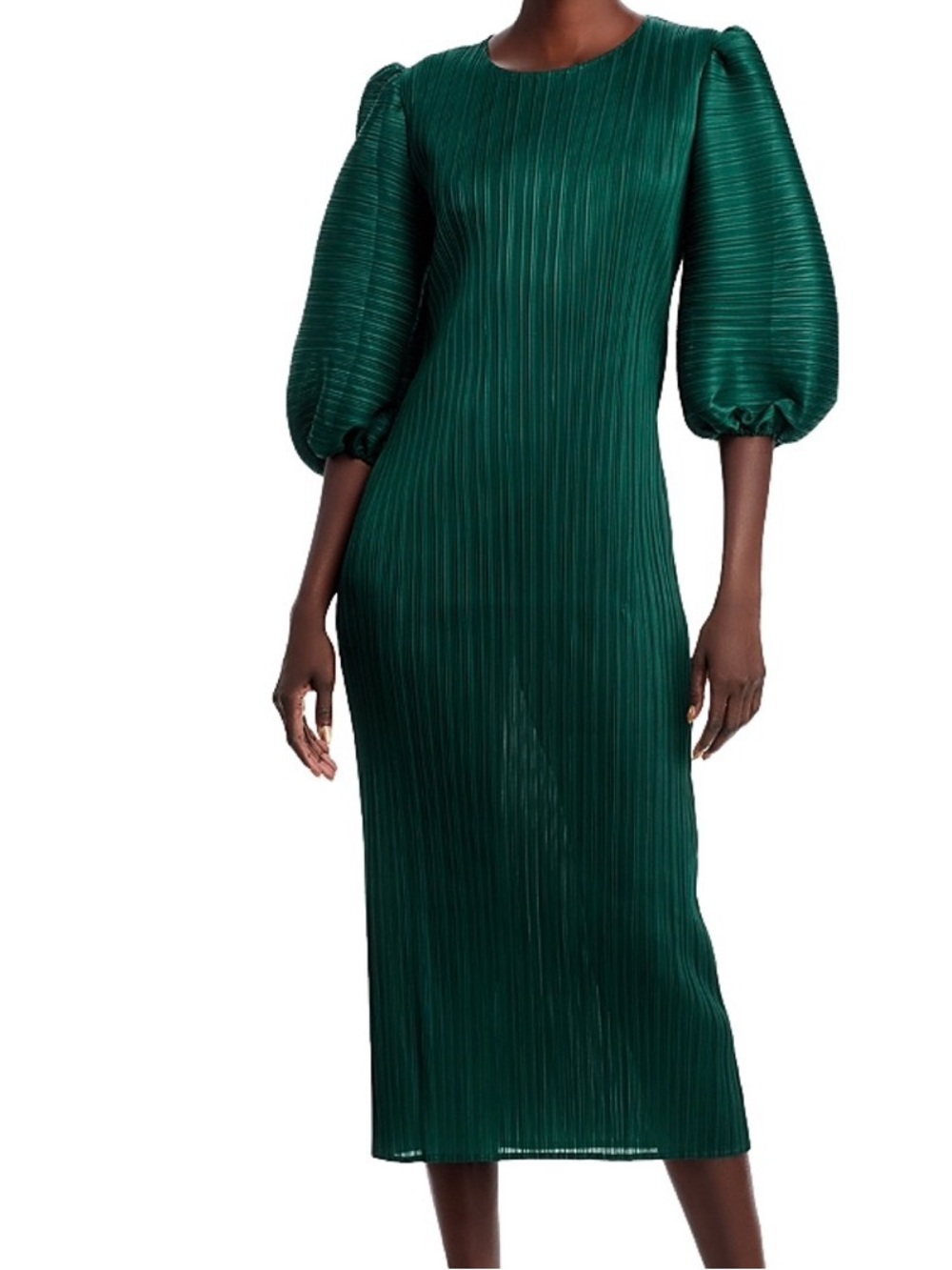 Emerald Green Pleated Puff-Sleeve Midi Dress